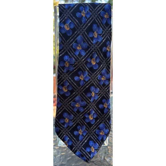 Vintage Scaasi Extra Wide Blue Floral Silk Tie Made in USA - Picture 1 of 5